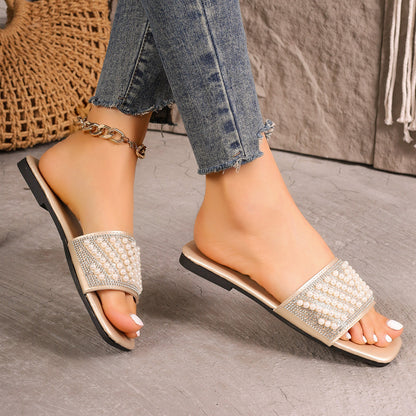 Zapatillas planas informales con punta cuadrada y perlas a la moda para mujer