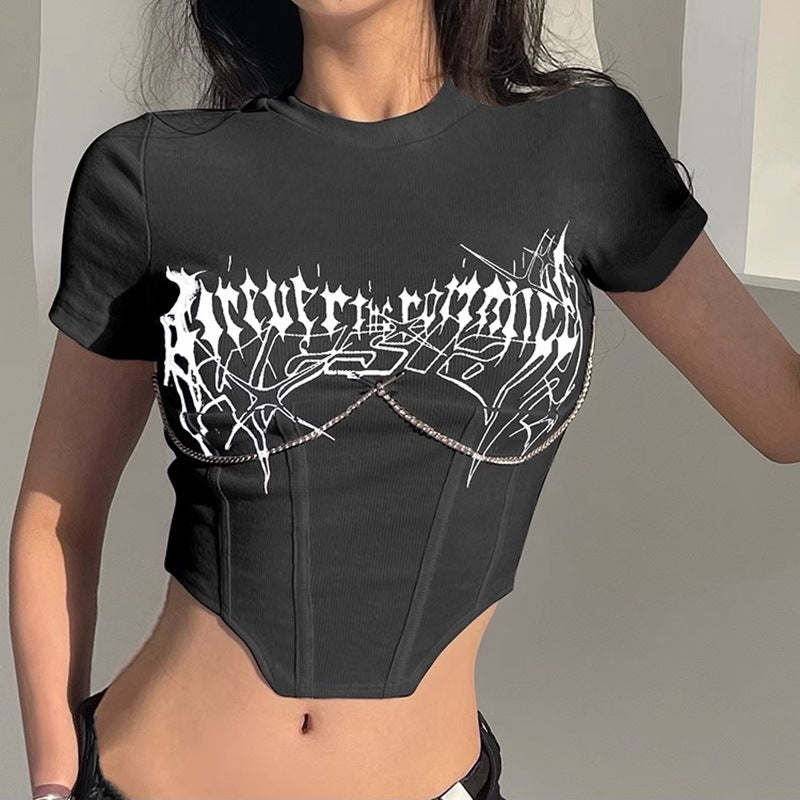 Women Fashion Sexy Printed Chain Short Sleeve Crop Top