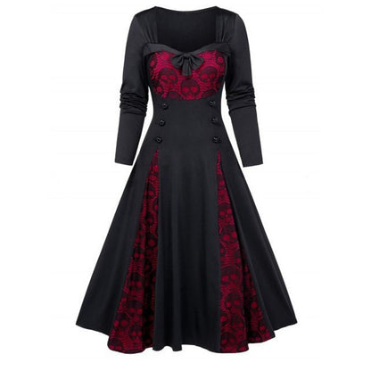 Women Gothic Skull Lace Stitching Color Contrast Dress