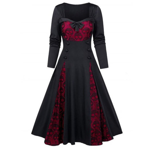 Women Gothic Skull Lace Stitching Color Contrast Dress