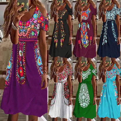 Vestido midi informal plisado con hombros descubiertos estilo bohemio para mujer