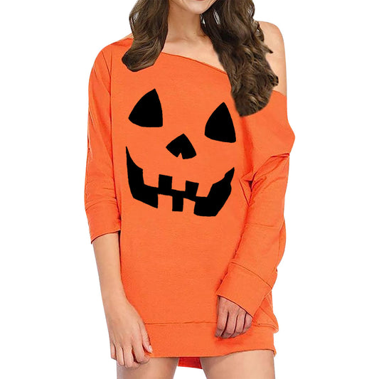Vestido holgado de manga larga con estampado de calabaza y sonrisa de Halloween para mujer