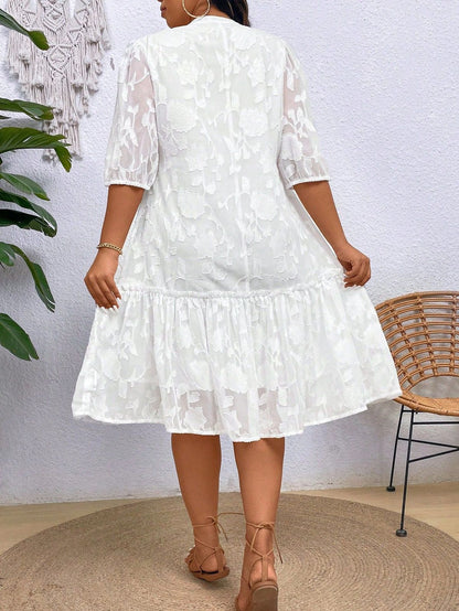 Elegant Plus Size Jacquard V-Neck Dress