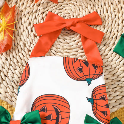 Kids Baby Girls Halloween Pumpkin Mesh Sleeveless Romper