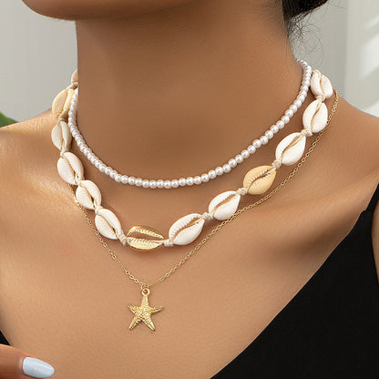Collar multicapa de conchas de moda vacacional
