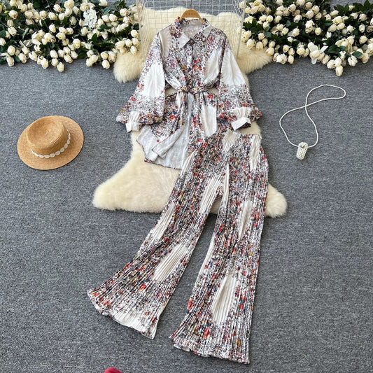 Women Casual Printed Blouse and Wide Leg Pants Set