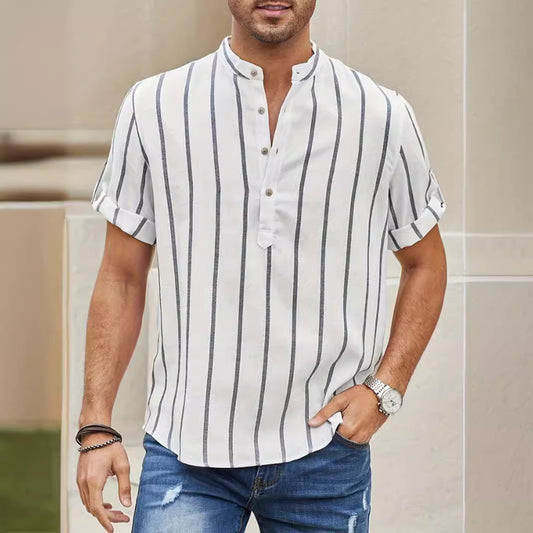 Men's Casual Linen Stripe Lapel Short Sleeve Shirt