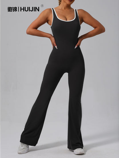Contrast Color Yoga Backless Running Jumpsuits for Women
