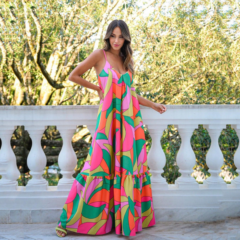 Fashion Summer Women's Deep V Backless Boho Style Maxi Dress