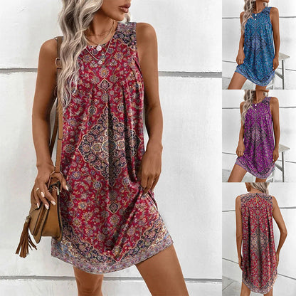 Robe fleurie sans manches à col en U pour femme, style bohème, idéale pour les vacances