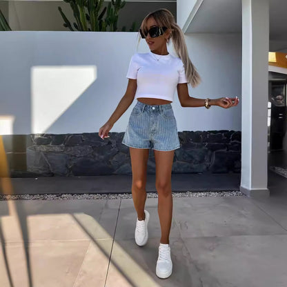Short en jean à strass pour femme, style streetwear, élégant et décontracté
