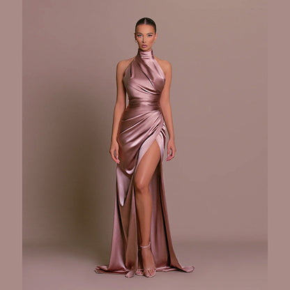 Women Elegant Solid Color Side Split Party Dress