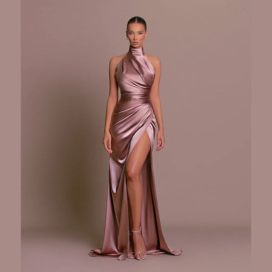 Women Elegant Solid Color Side Split Party Dress