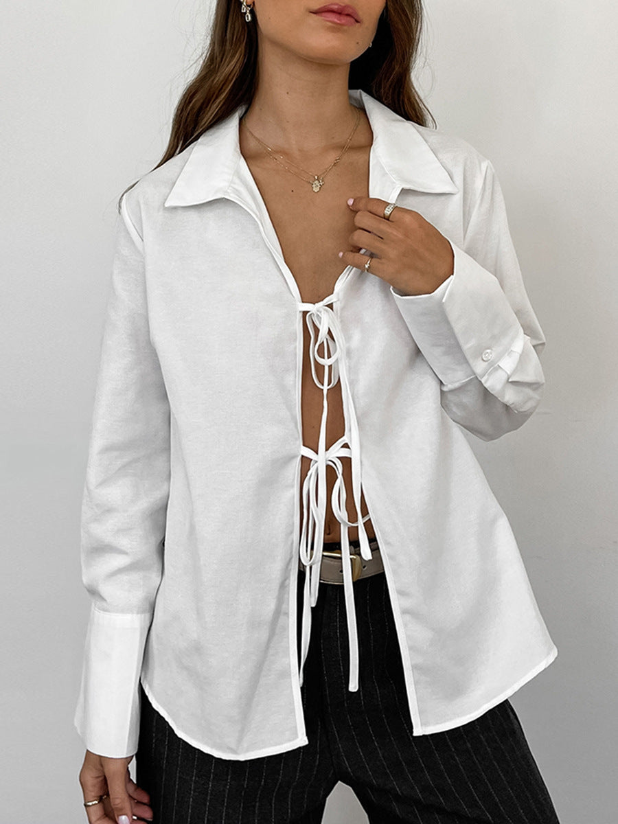 Camisa informal de manga larga con solapa y encaje para mujer de verano
