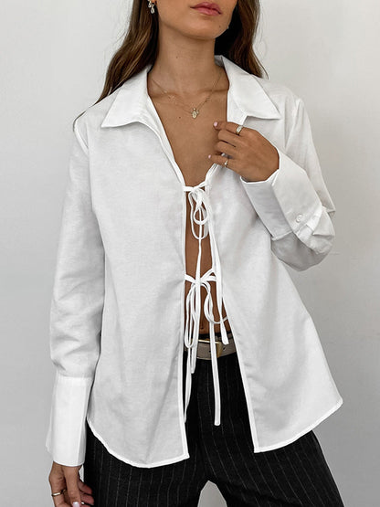 Camisa informal de manga larga con solapa y encaje para mujer de verano
