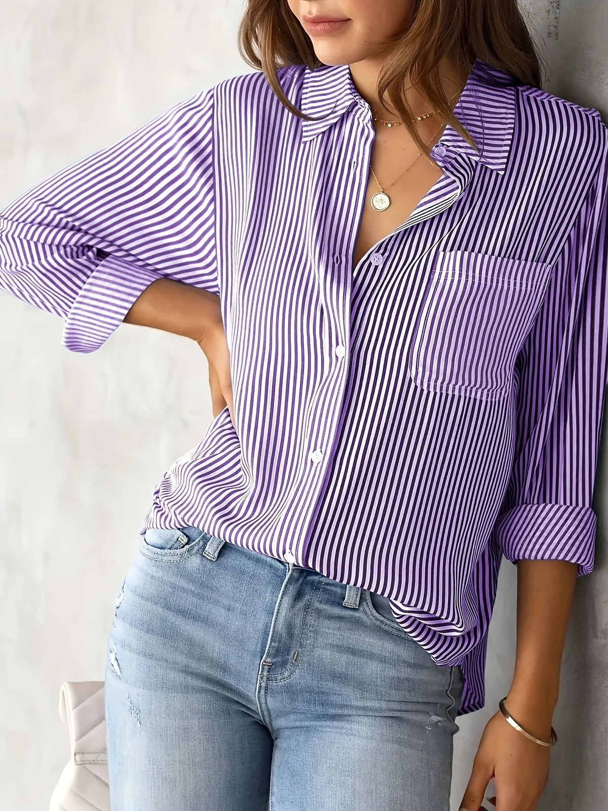 Blusa informal de poliéster con solapa y manga larga a rayas para mujer, corte holgado