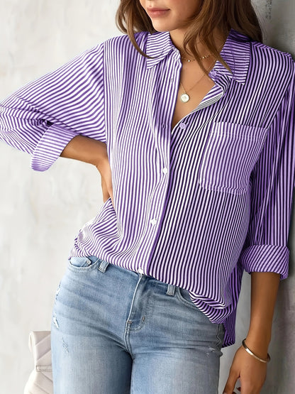 Blusa informal de poliéster con solapa y manga larga a rayas para mujer, corte holgado