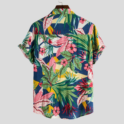 Camisa informal de verano con solapa y estampado floral hawaiano para hombre