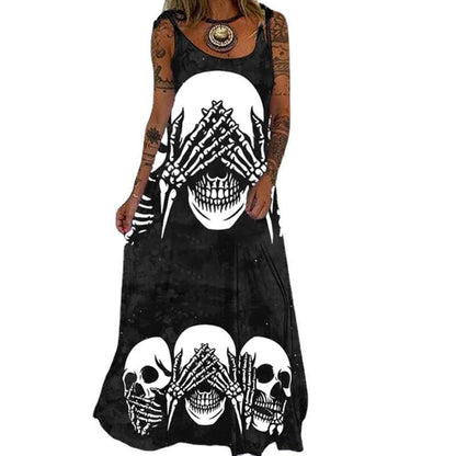 Vestido largo holgado con estampado de calavera de Halloween para mujer, estilo bohemio informal