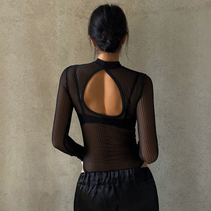 Body sexy de manga larga transparente de malla de color sólido para mujer
