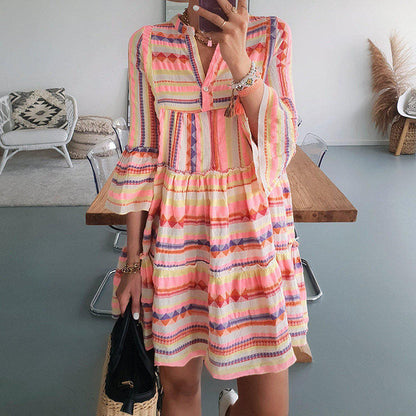 Women Bohemian Geometric Print Color Blocking Loose V-Neck Dress