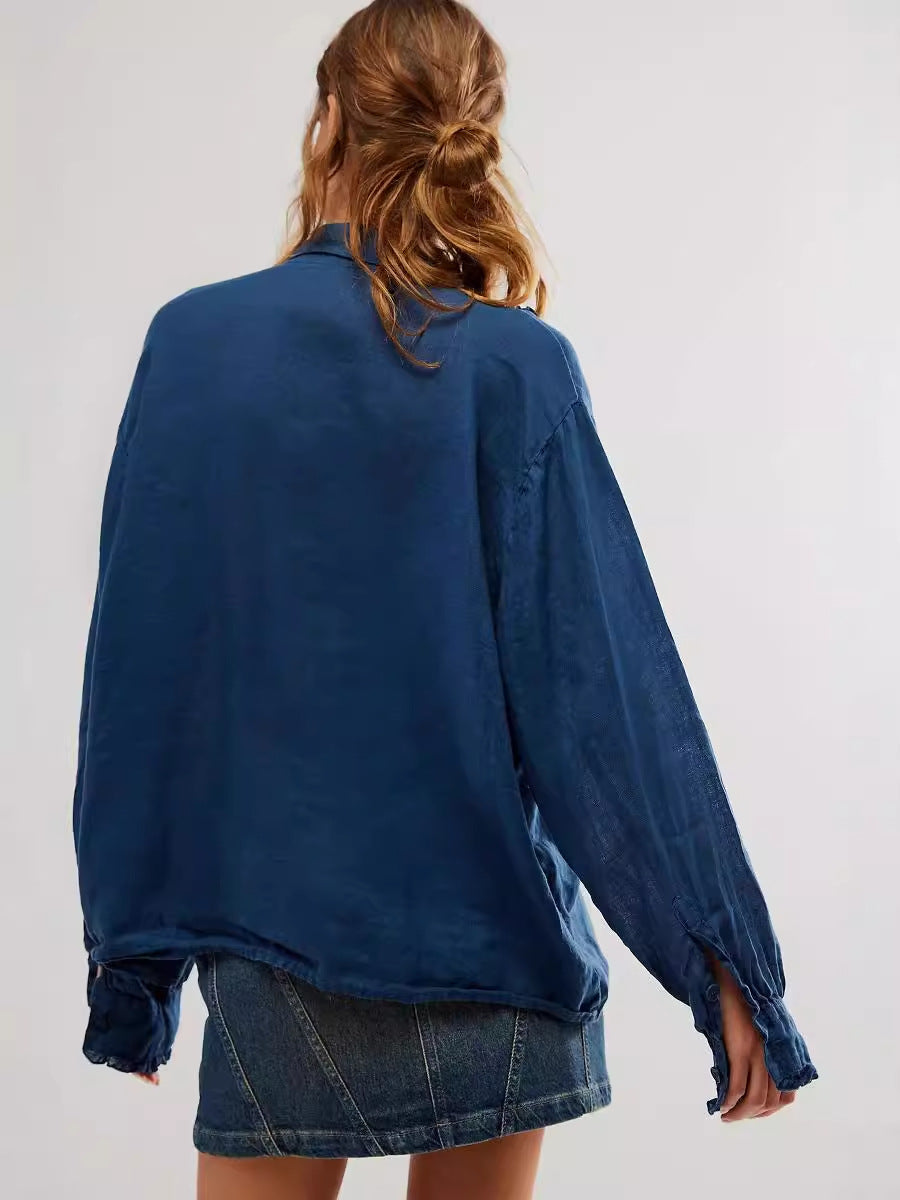 Camisa de lino y algodón con encaje de color liso a la moda para mujer
