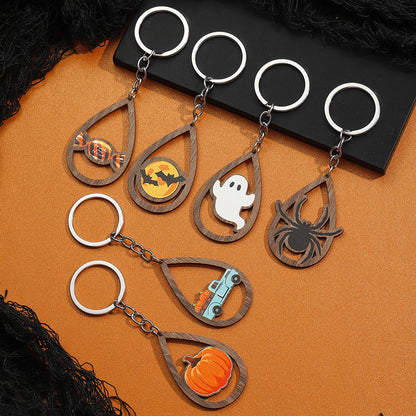 Halloween Women Cartoon Ghost Bat Pumpkin Wooden Keychain