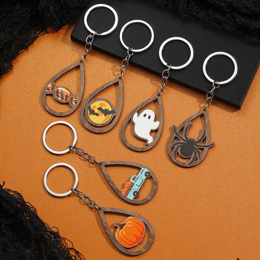 Llavero de madera con forma de calabaza, murciélago y fantasma de Halloween para mujer