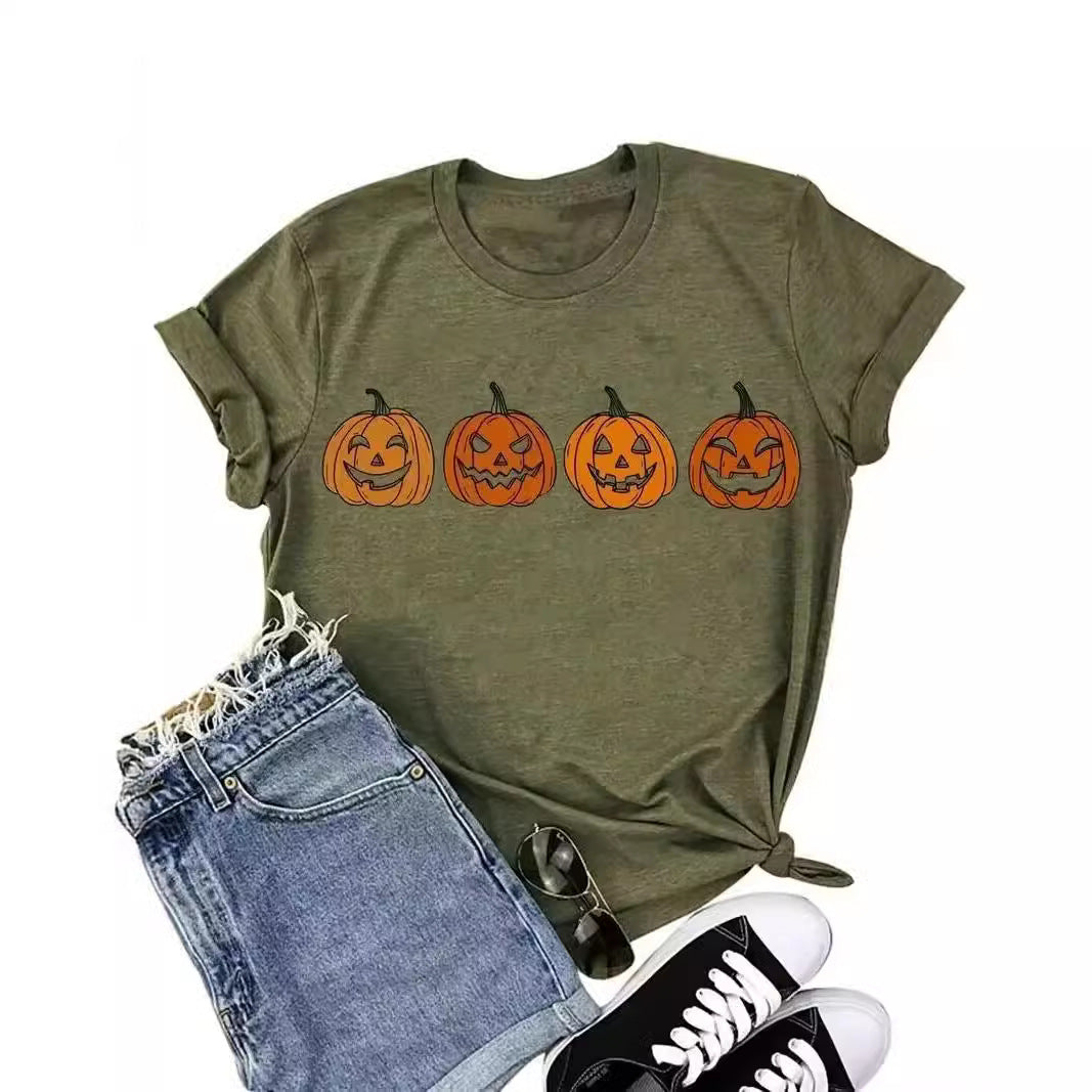 Camiseta de algodón con estampado de calabaza de Halloween para mujer