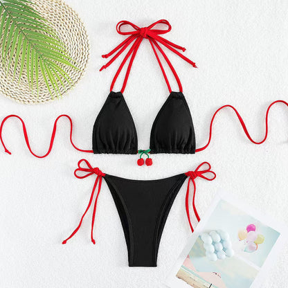 Maillot de bain bikini dos nu sexy à la mode pour femmes, couleur cerise contrastée