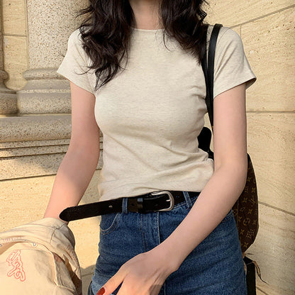 Summer Women Simple Basic Solid Color Round Neck Blank T-Shirt