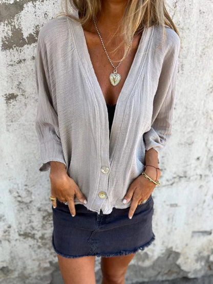 Blusa informal de algodón y lino con cuello en V y manga larga para mujer