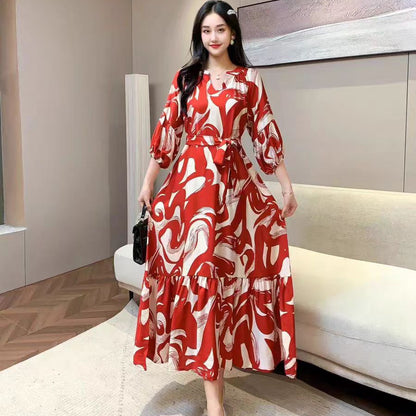 Vestido informal de gasa con cuello en V y estampado para mujer