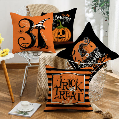 Halloween Cartoon Pumpkin Cat Witch Hat Sofa Cushion Cover