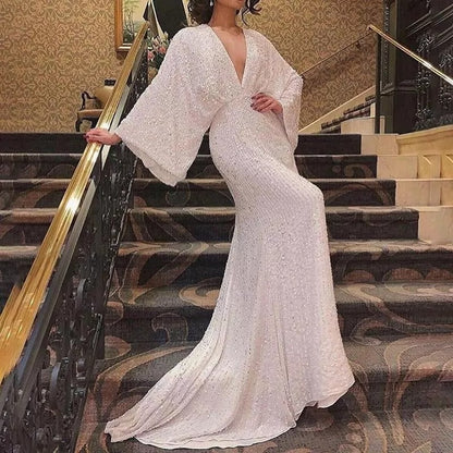 Women Fashion Elegant Sequin V-Neck Long Sleeve Dress