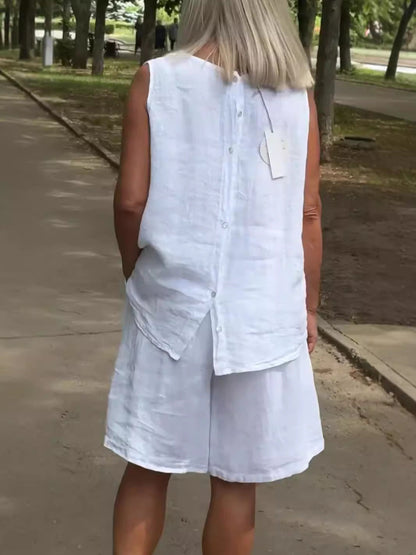 Conjunto de camiseta sin mangas informal de algodón y lino para mujer