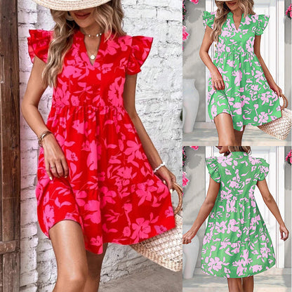 Vestido informal con volantes y flores para mujer, estilo bohemio, para vacaciones de verano