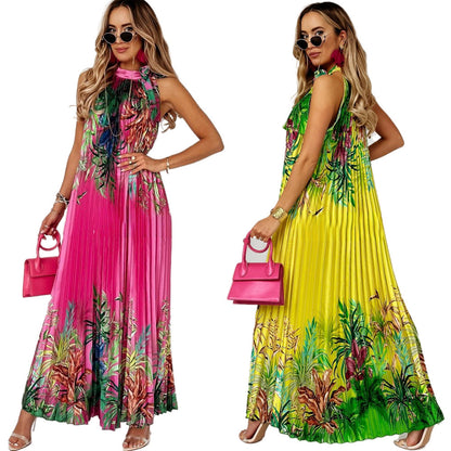 Vestido largo sin mangas con estampado floral bohemio informal de verano para mujer