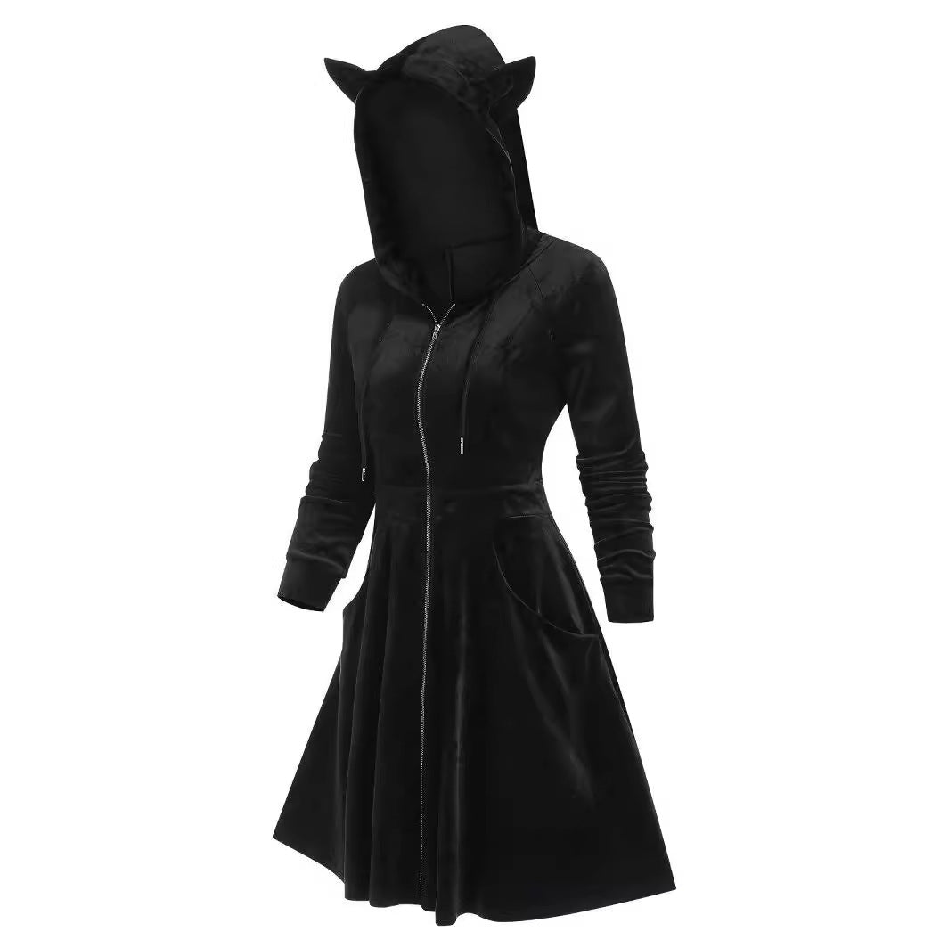Robe à capuche à manches longues et coutures en velours gothique