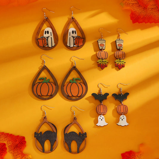 Halloween Women Cartoon Gothic Black Cat Ghost Pumpkin Wooden Earrings