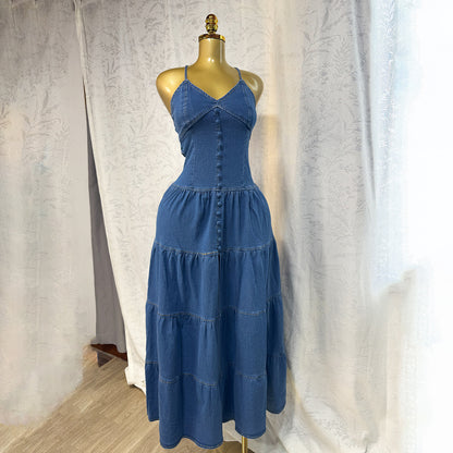 Vestido vaquero sexy de verano con escote en V y tirantes finos para mujer