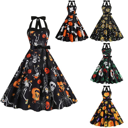 Robe d'Halloween à imprimé citrouille et toile d'araignée pour femme
