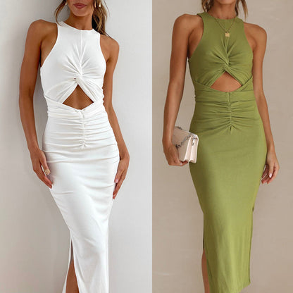 Vestido midi ajustado de primavera y verano para mujer con abertura