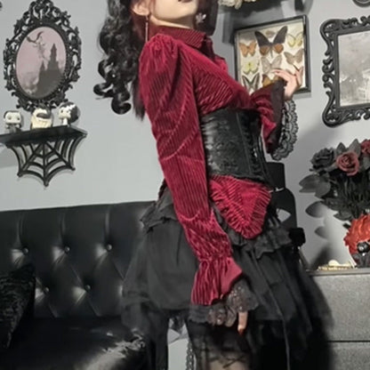 Gothic Casual Velvet Stripe Long-Sleeve Blouse
