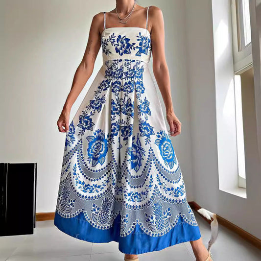 Bohemian Women Casual Print Strap Maxi Dress in Blue