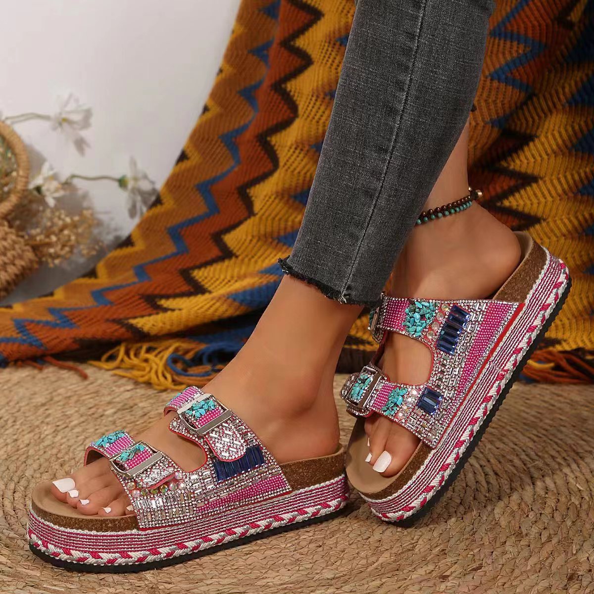 Pantuflas retro con doble hebilla y diamantes de imitación para mujer - Suela gruesa y cómoda
