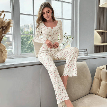 Women Casual Floral V-Neck Long Sleeve Pajama Set with Loose Pants