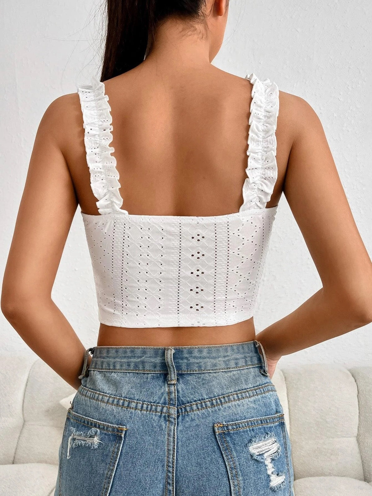Women Fashion Solid Color Lace Cut-Out Cropped Top
