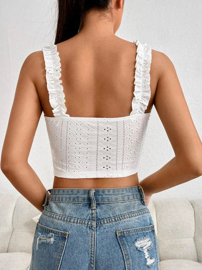 Women Fashion Solid Color Lace Cut-Out Cropped Top