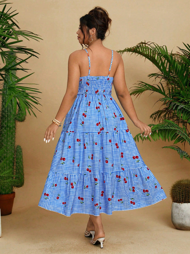 Women Sexy Cherry Plaid Spaghetti Strap Dress - Stylish Summer Flare
